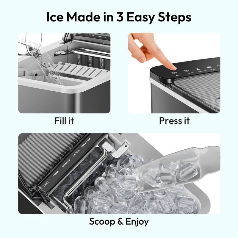 EUHOMY Portable Countertop Ice Maker, 26.5 lbs/24H, 2 Ice Sizes, Self-Cleaning, Grey