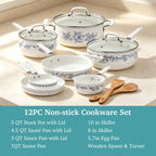 The Pioneer Woman 12-Piece Classic Aluminum Cookware Set, Ceramic Nonstick, Pots and Pans Set with Decal Pattern, Agatha Blue