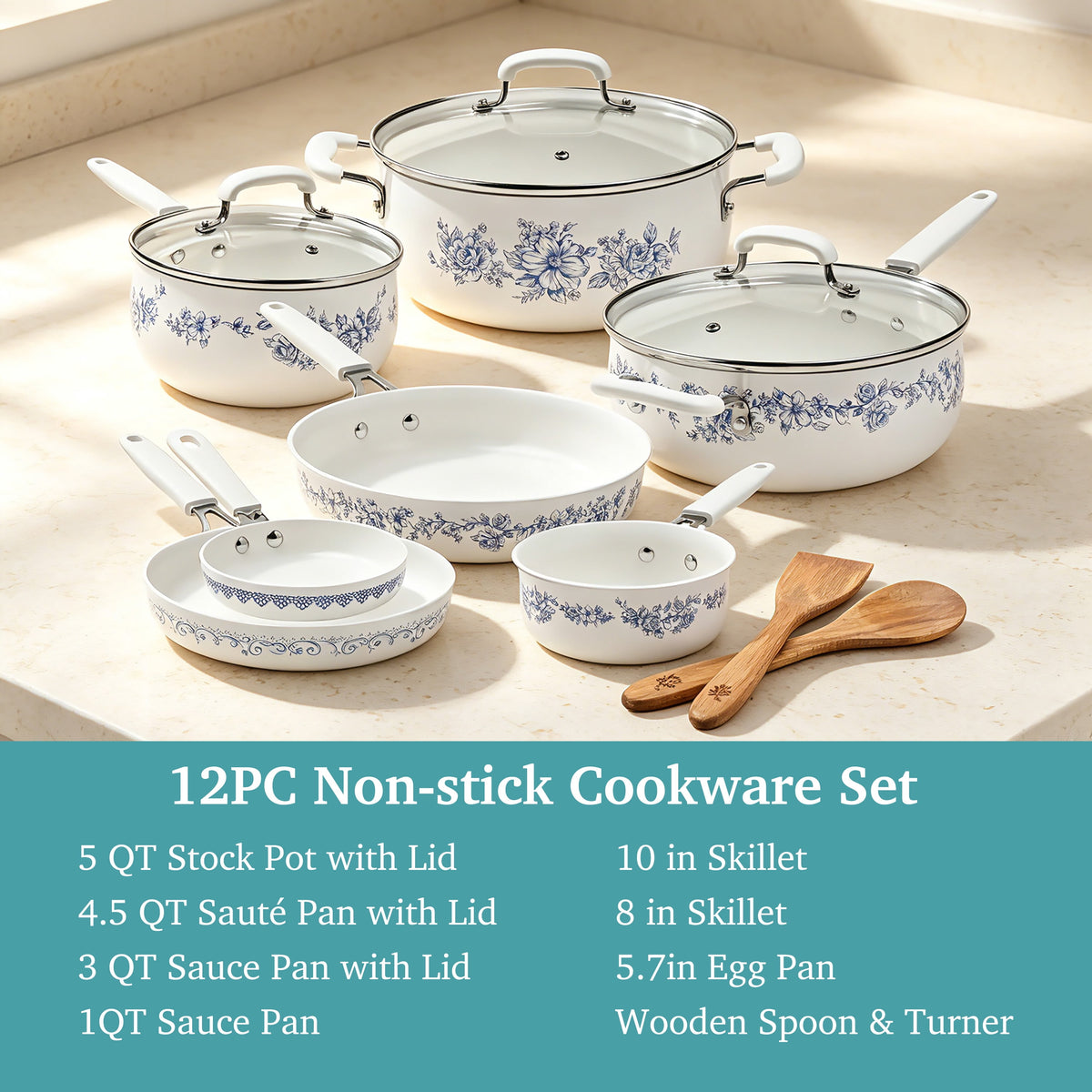 The Pioneer Woman 12-Piece Classic Aluminum Cookware Set, Ceramic Nonstick, Pots and Pans Set with Decal Pattern, Agatha Blue
